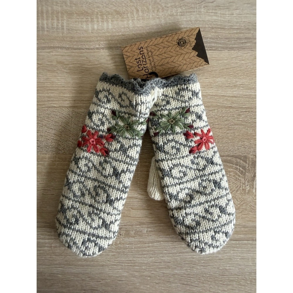 Lost‎ Horizons Ballad Mittens Wool Nordic Gram Gray Floral Embroidered NWT